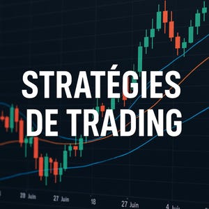 Può includere: Un grafico finanziario con barre verdi e rosse e linee di tendenza blu e arancioni. Il testo "STRATÉGIES DE TRADING" è in grandi lettere bianche sull'immagine. Lo sfondo è scuro.