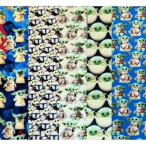 May include: A collection of fabric swatches featuring Star Wars-themed designs. The patterns include images of Grogu, Stormtrooper helmets, and other characters. The color palette includes blue, white, green, and tan.
