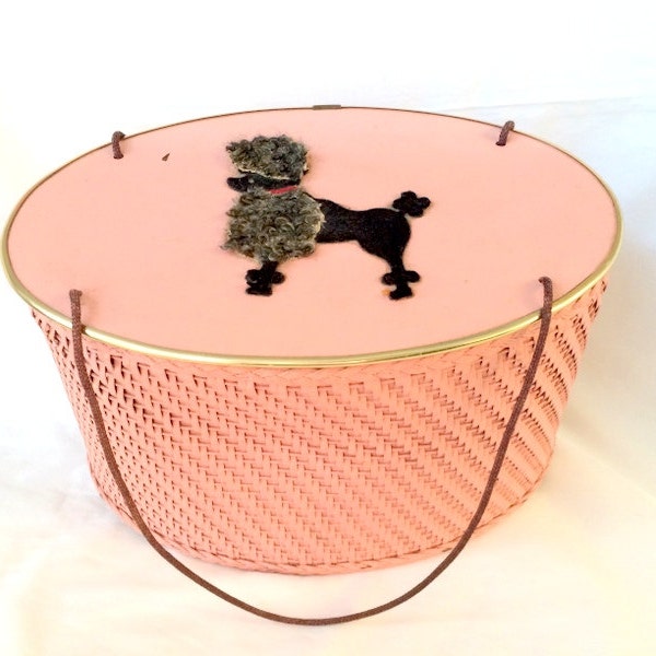 Pink Poodle Wicker Storage Box  or Sewing Box