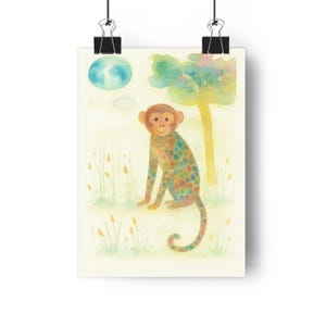 Whimsical Monkey Giclée Art Print, Nursery Decor, Cute Animal Wall Art, Gift for Kids, Playroom Decoration