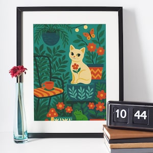 Whimsical Cat Art Print: Garden Party Botanical Home Decor