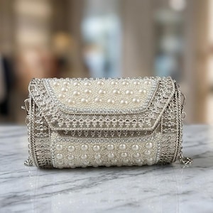 Handmade Silver Metal Clutch Bag | Mother of Pearl Evening Purse, Bridal Gift