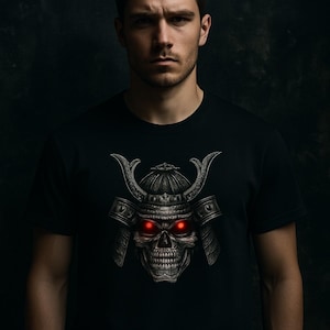 Samurai Skull T-Shirt | Japanese Warrior Helmet Graphic Tee | Gothic Samurai Shirt | Men's Dark Streetwear | Unisex Skull Tee