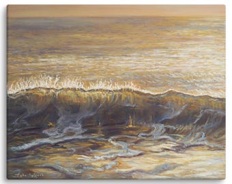 May include: A canvas print of an ocean wave, painted in shades of gold, brown, and blue. The wave crests with white foam, and the water reflects the warm light of the sun. The artwork captures the movement and energy of the sea.