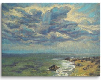 May include: A canvas print of a seascape painting. The artwork depicts a dramatic sky filled with swirling clouds above a green ocean and rocky shoreline. The painting uses a palette of blues, greens, and yellows to create a moody atmosphere.