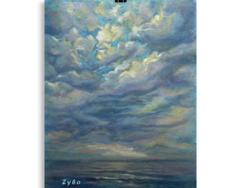 May include: An art print depicting a seascape with a dramatic sky. The painting features a blend of blues, whites, and yellows, with the artist's signature "Zybo" in the lower left corner. The artwork is held by a binder clip.