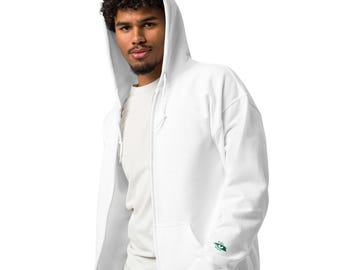 May include: White zip-up hoodie with a drawstring hood and front pockets. The hoodie has a small green graphic on the left sleeve. The model is wearing a white t-shirt underneath the hoodie.