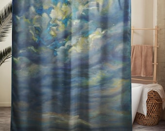 May include: A blue shower curtain with a cloudy sky design. The artwork features shades of blue, white, and yellow, creating a dreamy, artistic aesthetic. The curtain is hanging in a bathroom setting, adding a touch of art to the space.