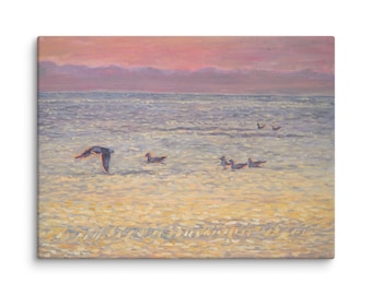 May include: An impressionistic painting of a seascape with a pink and purple sky. Several birds are depicted in the water, with one in flight. The water is a mix of blues and yellows, creating a serene atmosphere.