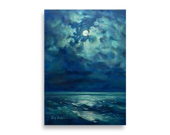 May include: An original oil painting depicts a moonlit seascape. The artwork features a full moon peeking through dark, textured clouds above a turbulent ocean. The color palette is dominated by shades of blue and white, creating a dramatic and serene atmosphere.