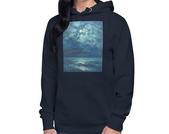 May include: Navy blue hooded sweatshirt featuring a painting of a moonlit ocean scene. The artwork depicts a full moon in a cloudy sky over the water. The sweatshirt has a front pocket and a drawstring hood.