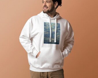 May include: White hooded sweatshirt with a front pocket and a rectangular graphic of a cloudy sky. The sweatshirt is made of a soft material and has a drawstring hood. The model is wearing brown pants.