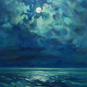 May include: An oil painting depicts a moonlit seascape. The sky is a deep blue, with swirling clouds illuminated by the moon. The ocean below reflects the moonlight, with visible waves. The artist's signature, "Zybo Sylvens", is at the bottom.