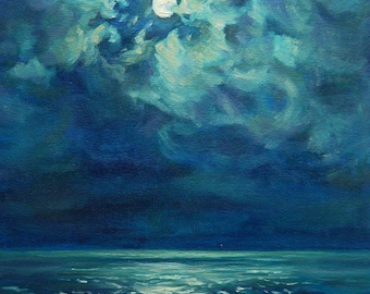 May include: An oil painting depicts a moonlit seascape. The sky is a deep blue, with swirling clouds illuminated by the moon. The ocean below reflects the moonlight, with visible waves. The artist's signature, "Zybo Sylvens", is at the bottom.