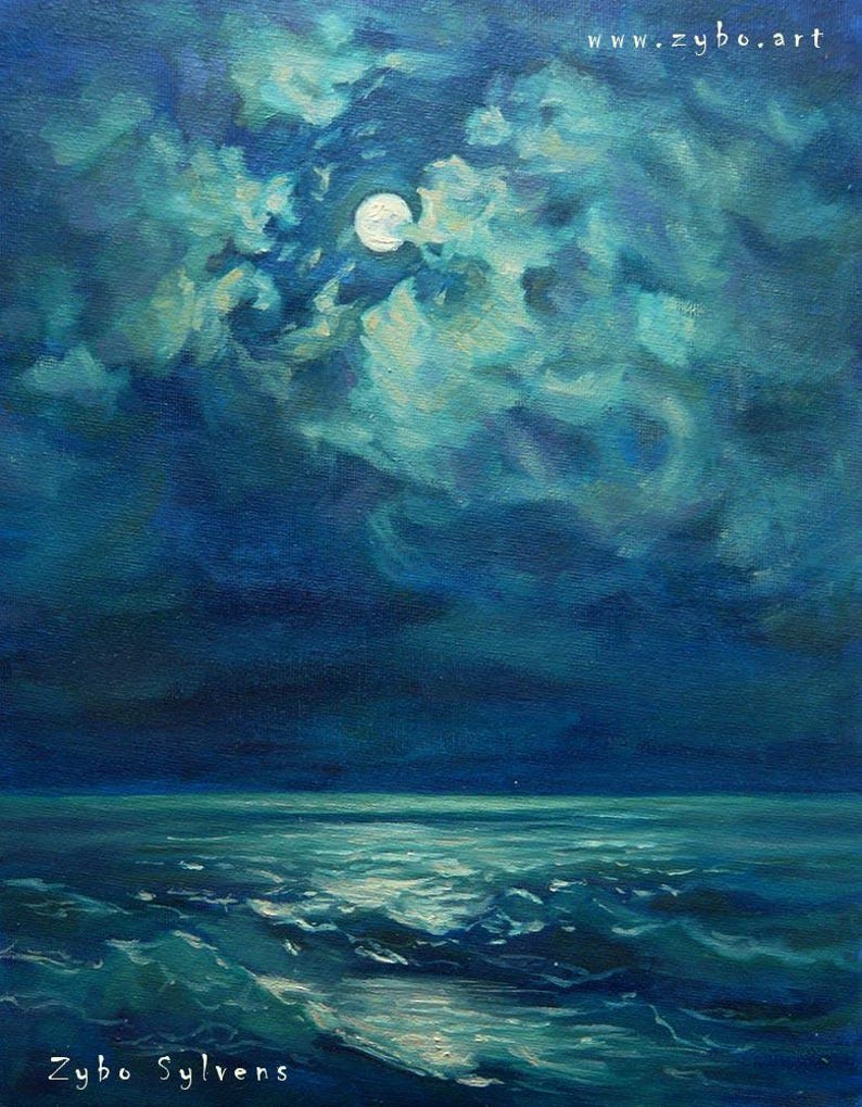 May include: An oil painting depicts a moonlit seascape. The sky is a deep blue, with swirling clouds illuminated by the moon. The ocean below reflects the moonlight, with visible waves. The artist's signature, "Zybo Sylvens", is at the bottom.