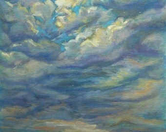 May include: An oil painting of a cloudy sky over water. The sky is filled with shades of blue, white, and yellow, with the artist's signature in the upper right corner. The website address is in the bottom left corner.
