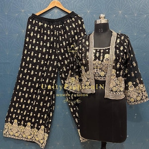 Black indo western suit Salwar kameez with Embroidery Sequence Work Palazzo Kameez custom Stitched Wedding Party Wear Suit