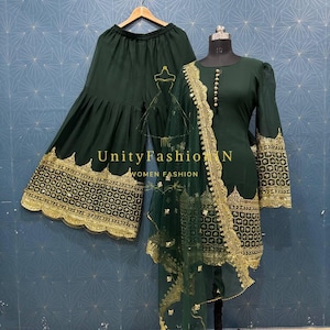 dark green Sharara Gharara Suit Heavy Georgette with fully embroidered Sequence Work Salwar Kameez with dupatta Wedding party Wear Suits