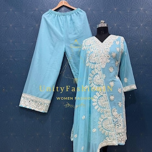 Designer Heavy Georgette with fully embroidery Sequence and mirror hand Work Sky blue Salwar Kameez custom Stitched Wedding party Wear Suit