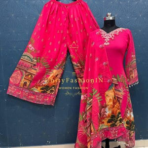 Designer Heavy Natural Silk with digital print Pink Salwar Kameez palazzo custom Stitched Wedding party Wear Suits