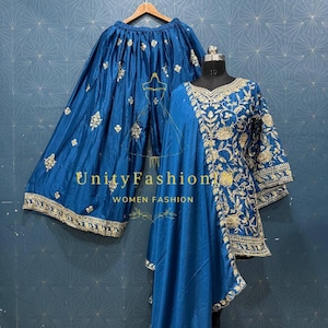 Blue Palazzo Gharara Suit Heavy Chinon silk with fully embroidered Sequence Work Salwar Kameez with dupatta Wedding Suit