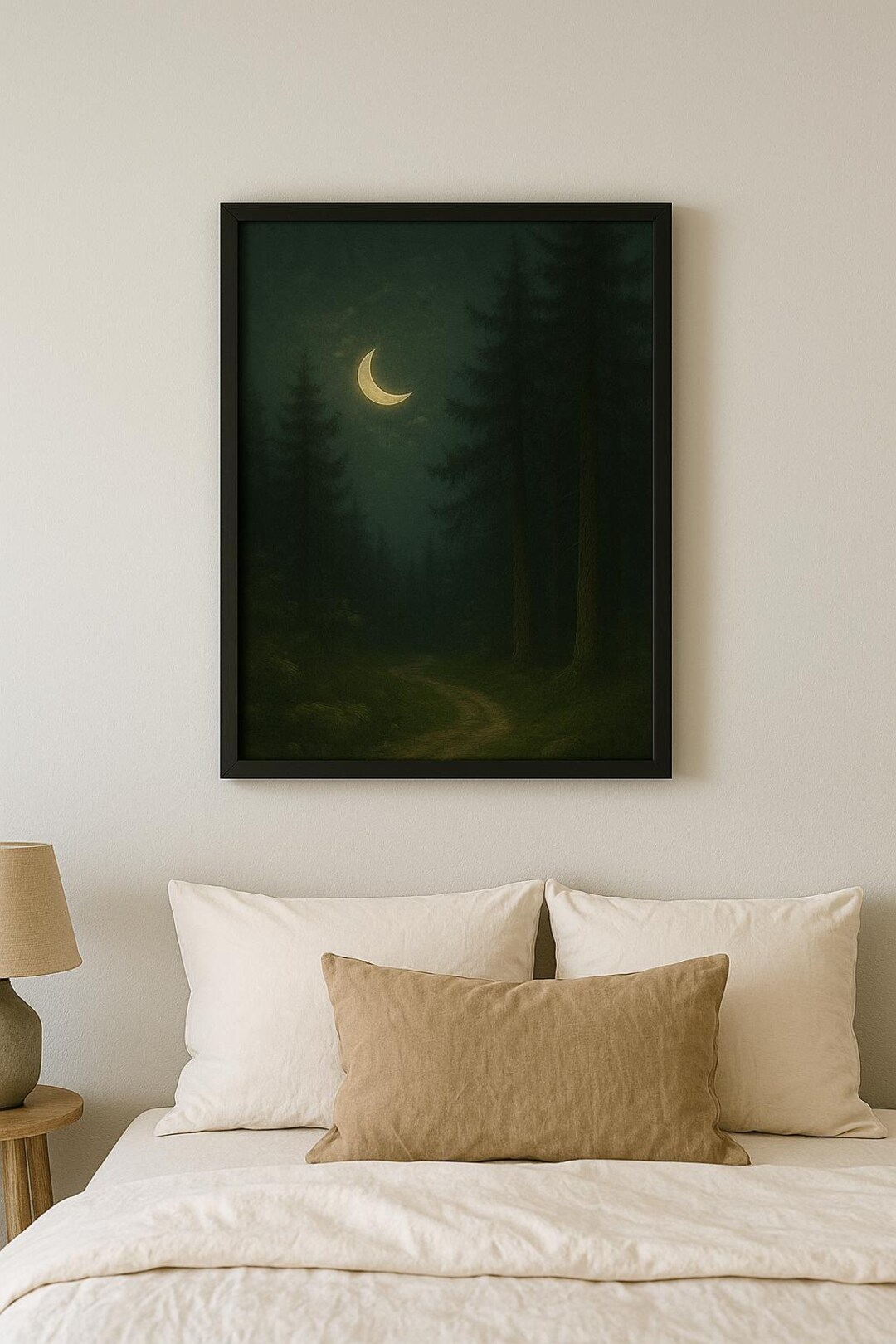 Crescent Moon Forest Trail Art Print Dark Moody Nighttime Nature Wall ...