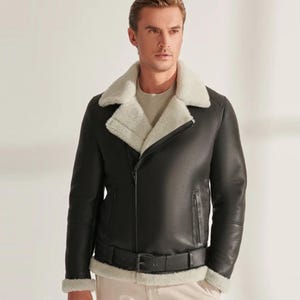 Men&#39;s Genuine Leather RAF Collar Aviator Bomber B3 Real Leather Jacket Black Leather Coat Sheep Skin Pilot Flying Jacket, Gift For him