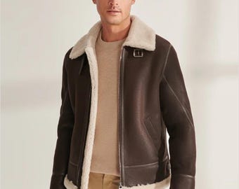 Men&#39;s Genuine Leather RAF Collar Aviator Bomber B3 Real Leather Jacket Brown Leather Coat Sheep Skin Pilot Flying Jacket, Gift For him