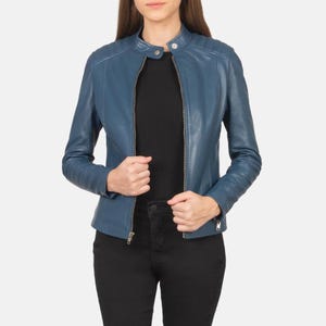 Handgefertigte Damen Lederjacke - Blau, Vintage-inspiriertes Moto-Design, weiches echtes Leder, stilvoller Moto Biker-Look, Damen Lederjacke