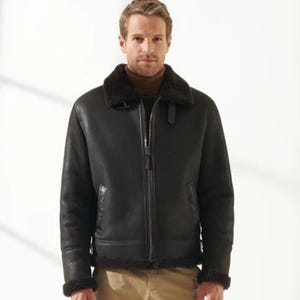 Men&#39;s Genuine Leather RAF Collar Aviator Bomber B3 Real Leather Jacket Black Leather Coat Sheep Skin Pilot Flying Jacket, Gift For him