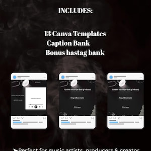 Op de afbeelding: Promotionele afbeelding voor artiesten, die een 7-daagse releasepost adverteert. Het bevat 13 Canva-sjablonen, een captionbank en een bonus hashtagbank. Het ontwerp toont mockups van social media posts.