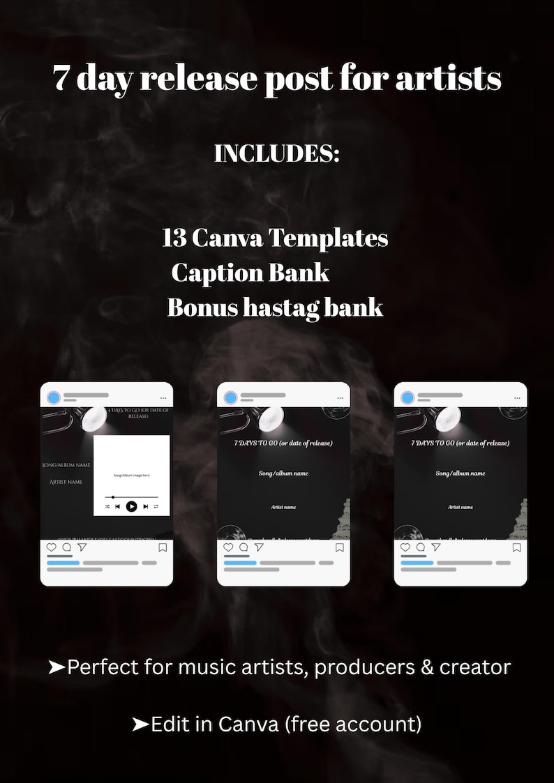 Op de afbeelding: Promotionele afbeelding voor artiesten, die een 7-daagse releasepost adverteert. Het bevat 13 Canva-sjablonen, een captionbank en een bonus hashtagbank. Het ontwerp toont mockups van social media posts.