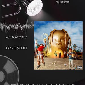 Op de afbeelding: Albumhoes voor Astroworld van Travis Scott. De afbeelding toont een groot gouden hoofd met een achtbaan op de achtergrond. Een persoon springt met een raket en popcorn. De tekst luidt "ASTROWORLD" en "TRAVIS SCOTT".