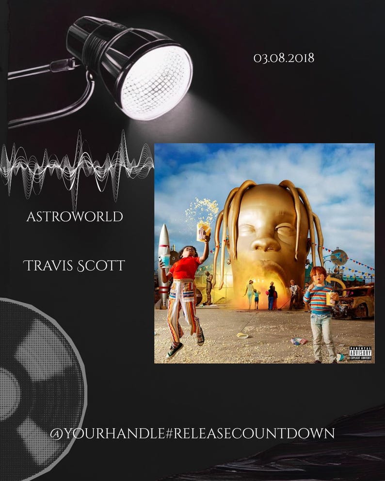 Op de afbeelding: Albumhoes voor Astroworld van Travis Scott. De afbeelding toont een groot gouden hoofd met een achtbaan op de achtergrond. Een persoon springt met een raket en popcorn. De tekst luidt "ASTROWORLD" en "TRAVIS SCOTT".