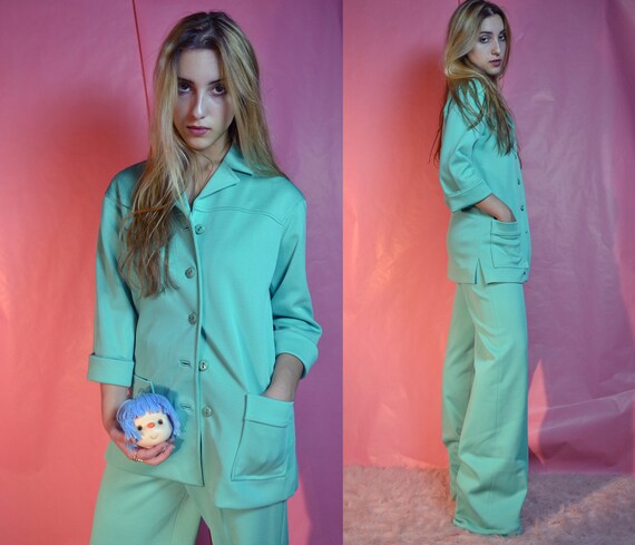 60s 70s mint sea green 2 pc pant suit
