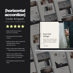 Könnte beinhalten: Eine digitale Marketinggrafik mit dem Text "{horizontal accordion} Code Snippet" und einer Fünf-Sterne-Bewertung. Das Bild zeigt auch einen Laptop-Bildschirm mit dem Text "Secure Your Packages" und ein Hochzeitsfoto.