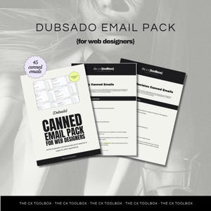 以下が含まれることがあります： 「for web designers」のテキストが入った「Dubsado Email Pack」と題された白い紙の束。このパックには45個の定型メールが含まれています。この書類は「the cx (toolbox)」のもので、ウェブデザイナー向けです。