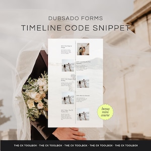 May include: A white document with the text "DUBSADO FORMS TIMELINE CODE SNIPPET" and a timeline graphic. The timeline includes photos and text, with a "bonus mini course" sticker. The bottom of the image has the text "THE CX TOOLBOX".