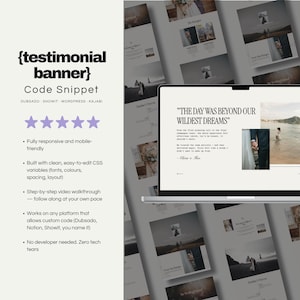 Code Snippet for Testimonial Banner (Style 1) | Dubsado | Showit | Wordpress | Kajabi