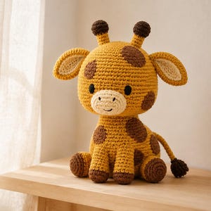 May include: A crocheted giraffe stuffed animal featuring a golden yellow body with dark brown spots, two small horns, large ears with cream-colored centers, and a stitched black mouth. The toy has a round head and a seated posture with a tail.