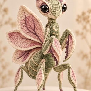Puede incluir: Una figura de mantis religiosa tejida a ganchillo con hilo verde salvia y rosa suave. El insecto tiene grandes ojos negros, dos antenas largas y alas delicadas. Un pequeño parche circular en el pecho muestra un bordado de luna y estrella.