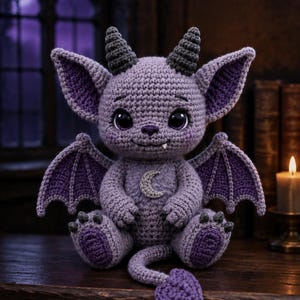 May include: A crocheted lavender dragon plush toy featuring dark gray horns, large pointed ears with purple inner details, and small wings. The creature has a silver crescent moon emblem on its chest, a long tail with a heart-shaped tip, and one white fang.
