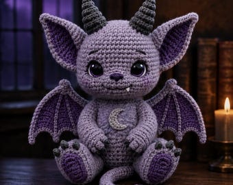 May include: A crocheted lavender dragon plush toy featuring dark gray horns, large pointed ears with purple inner details, and small wings. The creature has a silver crescent moon emblem on its chest, a long tail with a heart-shaped tip, and one white fang.