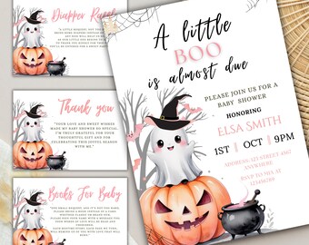 Pink Halloween Baby Shower Invitation Bundle: 'A Little Boo' Ghost Theme (Digital Template)