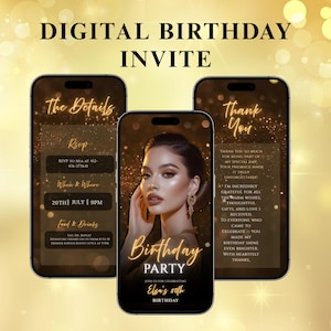 Luxury Black & Gold Birthday Invitation Video Template |Editable Canva Evite for Women’s 30th 40th 50th Birthday Dinner Party Digital Invite