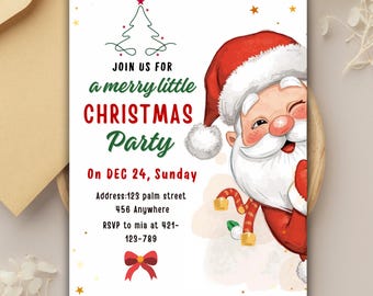 Puede incluir: Invitación a una fiesta de Navidad con una ilustración de Papá Noel. La invitación dice "Join us for a merry little CHRISTMAS Party" sobre un fondo blanco. Incluye detalles del evento: fecha, dirección e información de RSVP.