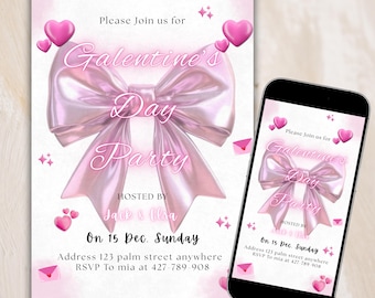 Pink Bow Galentine's Day Party Einladung, bearbeitbare Canva Vorlage (digitaler Download)