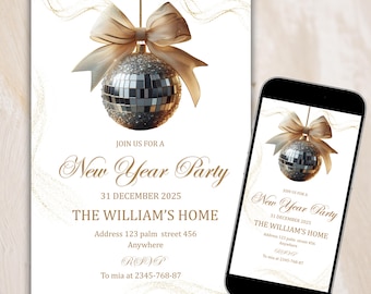 2026 New Years Party Invitation Template, Disco Ball Happy Year, Instant Download.