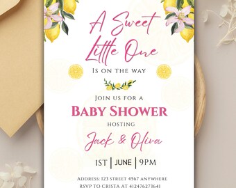 Lemon Baby Shower Invitation: Pink & Yellow Summer Theme (Digital Download, Printable Stickers Included)