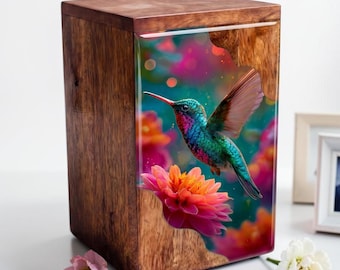 Hummingbird Enameled Wooden Cremation Urn for Ashes, Memorial Funeral Urns